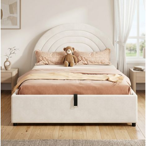 Cama infantil tapizada de terciopelo beige 140x190 cm con cabecero, somier de láminas y arcón hidráulico