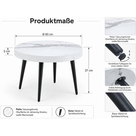 Table d'appoint ronde moderne avec plateau de 5cm d'épaisseur aspect marbre & rainures de cernes, table basse stable avec pieds métalliques réglables, polyvalente pour salon, café & bureau (1/5)
