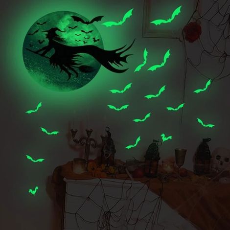 Stickers muraux de Halloween Stickers Halloween lumineuse et Amovible de planète sorcière chauve-souris n DECORATION DE FETE MURALE (1/4)