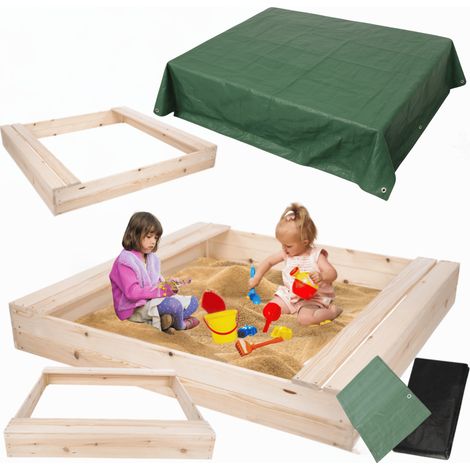 MODO24 Bac à sable en bois de jardin 140x137 cm, avec bancs, agrofibre incluse, avec bâche 2x2 m, naturel brut