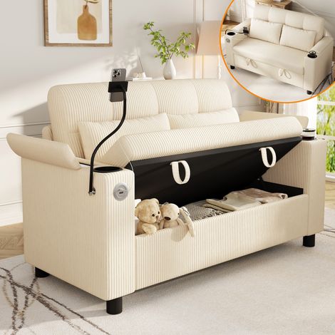 Sofá 2 plazas de terciopelo beige con almacenaje, USB-C y portavasos OKWISH (1/5)