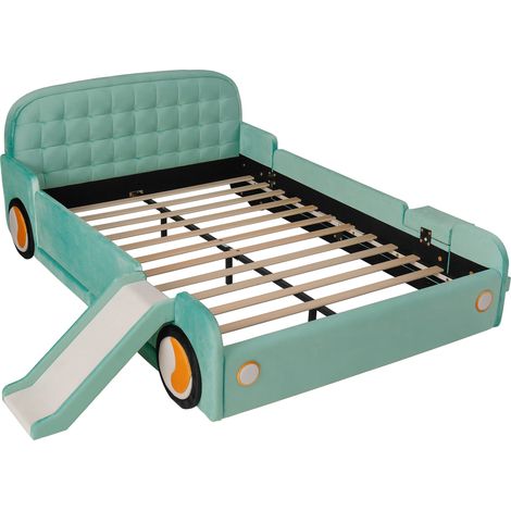 Letto auto per bambini con scivolo e scala reversibili 140x200 cm velluto blu-verde MODENUIT (1/5)