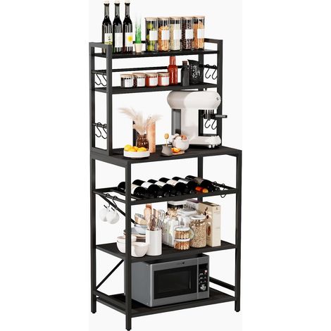Étagère de Cuisine, Meuble de Rangement à 6 Niveaux avec 12 Crochets en S, Style Industriel Étagères de Stockage pour Four à Micro-Ondes, Cadre en Acier, 58 x 39 x 144CM, Noir (1/5)