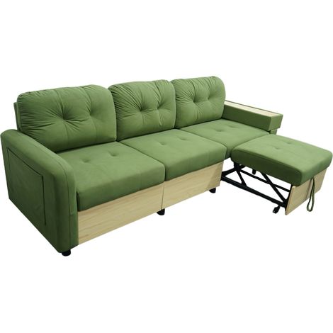 Canapé d'angle modulaire 3 places avec ottomane extensible, port USB, rangement et accoudoir-table en bois, canapé en velours avec mousse haute densité, canapé de salon, vert (1/5)