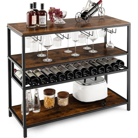 COSTWAY Weinregal, für 13 Weinflaschen, freistehender Flaschenregal mit 4 Reihen Glashalter, Weinschrank für Küche, Esszimmer, Buffet, rustikales Braun, Industriestil (1/5)