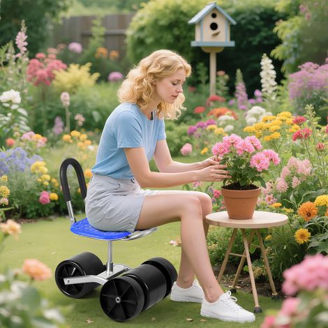 FIANAO – Tabouret de jardin roulant 3 roues à assise pivotante 360° – pliable, charge 150 kg – 47 × 31 × 60 cm, bleu