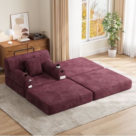Sillón cama de 1 plaza con puff de pana, respaldo alto, rojo vino (1/5)