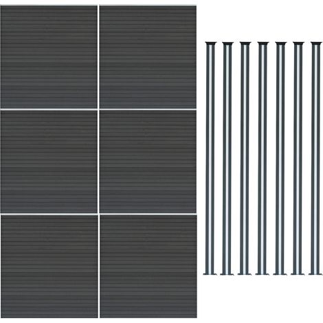 Kit Clôture 6 Panneaux Composite Plastique Gris 9 Lames à Emboîter 185 cm H x 1045cm L & 7 Poteaux en Aluminium à LED Solaires Texture de Bois Reversible PVC Brise-Vue Extérieur Jardin Mur d'Intimité