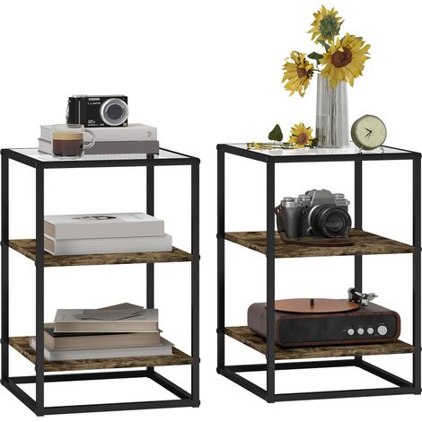 2 Sets dreistufige Wohnzimmer-Couchtische mit erhöhtem Fuß, niedrige Couchtische aus Holz, Metall und gehärteter Glasplatte, 37 x 40 x 55,5 cm, braun