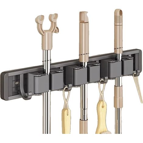 Organizzatore da parete per scope e mop con 5 ganci, 4 ganci neri (1/2)