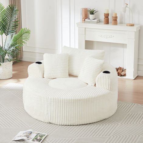 Fauteuil Relax Rond en Velours Côtelé avec Porte-Gobelet, 3 Coussins et Poche de Rangement, Canapé 1 Place Confort pour Salon - Beige (1/5)