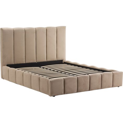 Bestmobilier – Lit coffre 160x200 cm en velours taupe – Sommier inclus – Coffre de rangement – Charge max 250 kg – Design capitonné élégant (1/5)