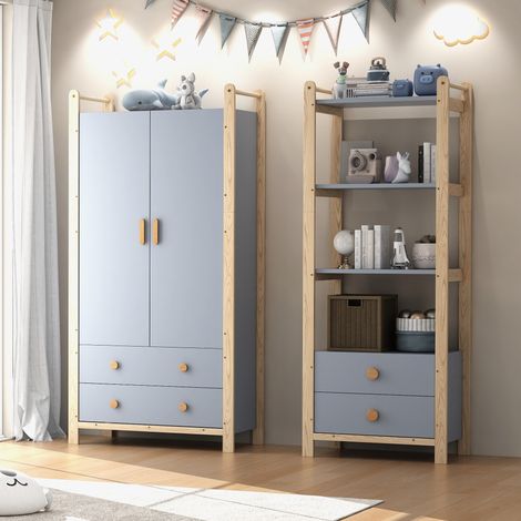 Armadio guardaroba con scaffale in legno massello e MDF blu/naturale, 2 cassetti + 3 vani aperti, 180,5 cm