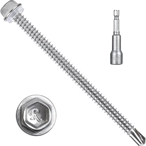 50PCS Vis Autoforeuse Metal avec Rondelle d'étanchéité 6,3 x 100 mm  Vis Autoforeuse Inox 410 pour Metal, Bac Acier, Toiture avec 1 Douilles Hexagonales (1/5)