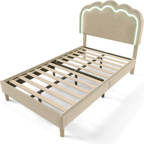 Lit simple LED 90 x 200 cm en lin beige avec tête de lit réglable et sommier à lattes (1/5)
