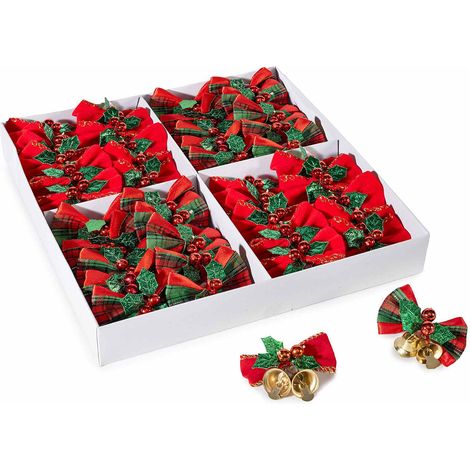 Decorazione natalizia a fiocchi con biadesivo, campanelle, agrifoglio e bacche in espositore da 36 pezzi, cm 5 x 4 H