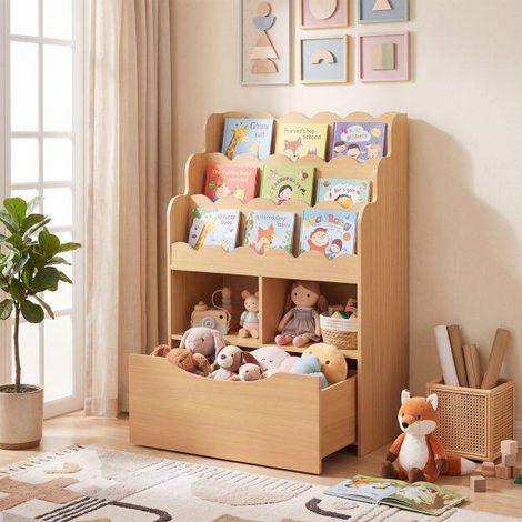 Bibliothèque pour enfants 5 niveaux, bibliothèque en bois et organiseur de rangement de jouets - naturel (1/5)