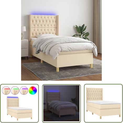 The Living Store Sommier à lattes de lit matelas et LED Crème 90x190 cm Tissu - Sommier Tapissier - Lit Plateforme - Lit Avec Rangement - Tête De Lit Ajustable - Éclairage Led (1/5)