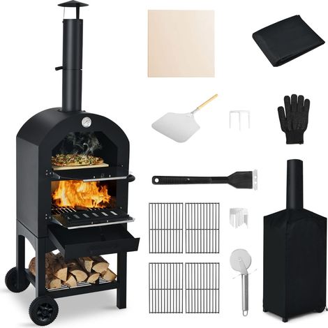 Horno de pizza de leña para exterior con ruedas y termómetro (1/5)