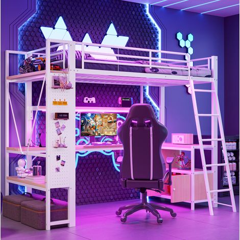 Hochbett, 90 x 200 cm, Eisenrahmen, mit LED-Lichtleiste, Schreibtisch, Stauraum, mehreren Regalen, Lochwand, USB-Anschluss, ohne Matratze, Weiß (1/5)