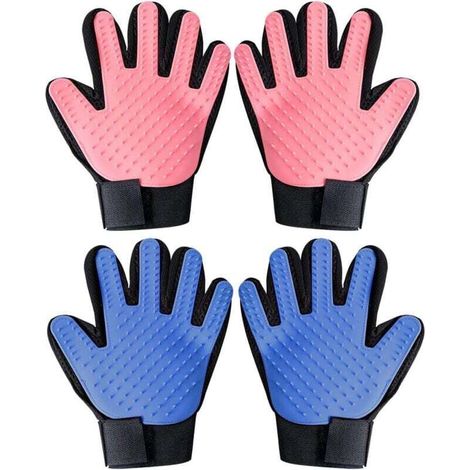 Paar Katzenpflegehandschuhe, Bürstenhandschuhe für Haustiere, Pflegehandschuhe für die linke und rechte Hand für kurzes und langes Fell, Hellblau/Rot – 4 Stück – Crezuo