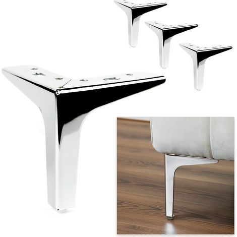 Modèle Lot de 4 pieds + 16 vis, hauteur 13 cm, pieds pour canapés, meubles, armoires, fauteuils, pieds en métal pour ameublement, design, moderne et élégant - Chrome brillant (1/5)