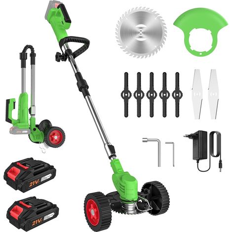 Debroussailleuse Electrique sans Fil 21V, Coupe Bordure sans Fil avec 2 Batterie et 3 Types De Lames, roulettes Amovibles, Réglable en Hauteur, Pliable Débroussailleuse à Batterie pour Jardin Élagage (1/5)
