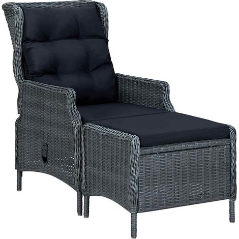 Gartensessel Verstellbar mit Fußhocker Poly-Rattan Dunkelgrau
