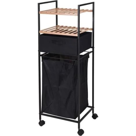 Chariot de salle de bain avec étagères et sac à linge, 2en1, bambou