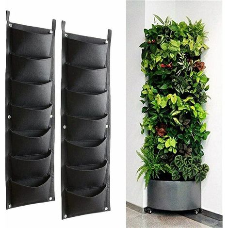 Sacs de culture à suspendre, Lot de 2 sacs verticaux avec 7 poches, pour plantes et fleurs, conviennent pour extérieur, intérieur, jardinage, etc, noir (1/5)