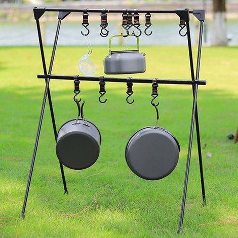 Support de rangement extérieur en aluminium à double niveau avec filet, trépied polyvalent pour camping, noir (1/5)