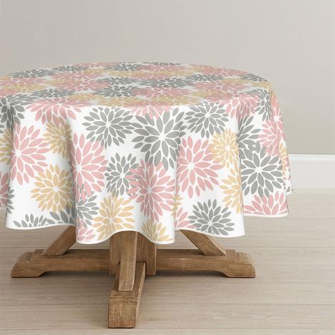 Runde Tischdecke 120 cm Blumenmuster Rosa/Grau/Gelb Fleckschutz Polyester