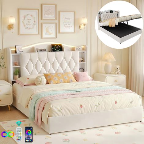 Doppel-Stauraumbett 160x200 cm aus Samt, Erwachsenen-/Jugendbett mit Lattenrost, gepolstertes LED-Kopfteil, hydraulischer Bettkasten und USB/Typ-C-Anschlüsse - Beige