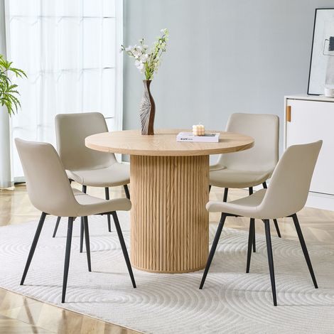 Conjunto de mesa redonda con 4 sillas 100 cm MDF efecto madera clara y PU gris (1/5)