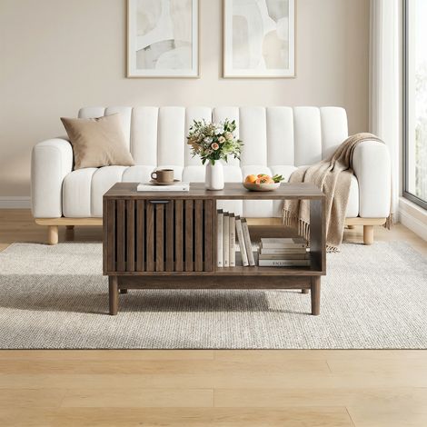 Table basse salon 80 cm style milieu de siècle noyer. Structure en treillis avec tiroir,étagères et pieds en bois massif.