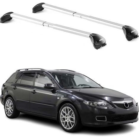 OMAC Barres de toit transversales certifiées TÜV pour Mazda6 Break 2002-2026 – Verrouillables (4 antivols) – Charge max 100 kg – Sangle inox + protection caoutchouc Argent (1/5)