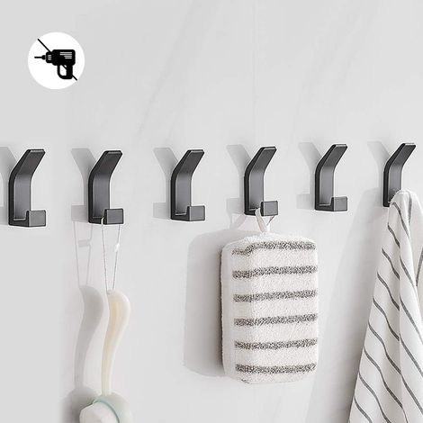 Self-adhesive hooks, bath towel hooks, pack of 6 stainless steel adhesive wall hangers for kitchen, office, and bathroom closets - waterproof (1/4)