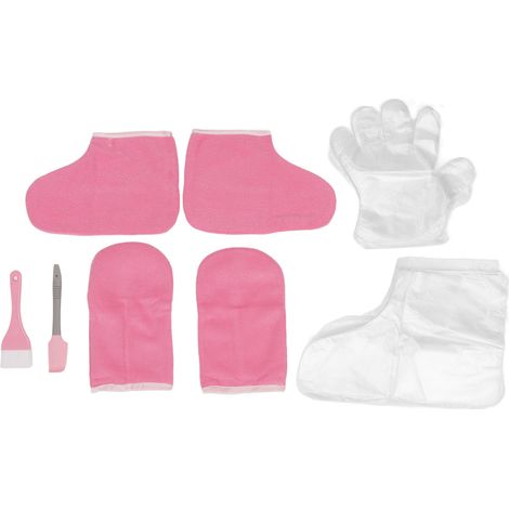 Lot de gants et chaussettes paraffine en flanelle rose, doublure pieds-mains réutilisables, protection thermique jetable pour soin spa (1/5)