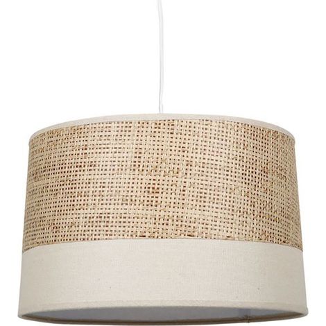 Suspension bi-matière tissu beige et rotin – Cordon d'alimentation blanc réglable – Douille E27 – Dimensions D. 33 x H. 22 cm – Ostaria (1/3)