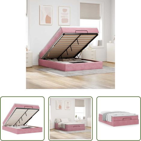Sommier hydraulique - Cadre de lit ottoman avec matelas rose 140x190 cm velours (1/5)