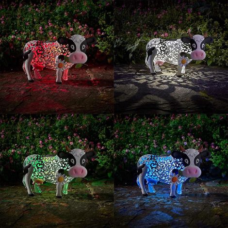 Statue de vache solaire en fer forgé creux, lanterne LED décorative pour jardin, pelouse et cour. (1/4)