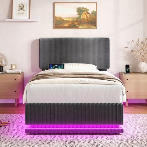 Cama con LED y USB-C tapizada en cordón gris oscuro OKMYHOME (1/5)