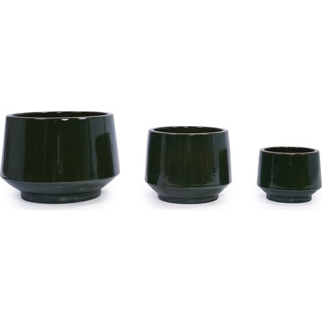 Lot de 3 pots de fleurs en céramique faits main (Ø 38,1/28/22,9 cm), émail vert foncé, sans motif, idéal pour monstera/figuier lyre, intérieur/extérieur, terre cuite respirante.