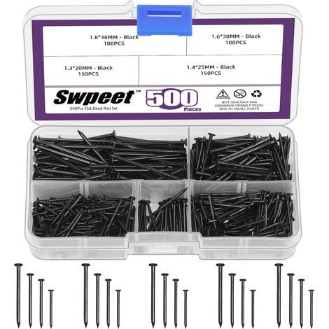 Kit d'assortiment de 500 clous de 4 tailles, clous noirs galvanisés, petits clous, clous à tête épingle, clous de finition, clous pour suspension, clous muraux pour accrocher des images (1/5)