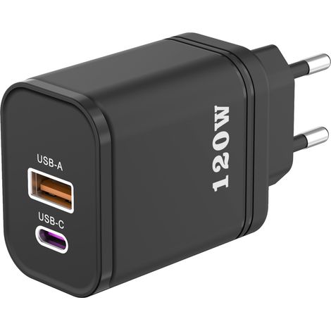 Chargeur mural 12W multi-ports (1 USB-A + 1 USB-C), prise EU noire, adaptateur rapide pour smartphones et petits appareils (1/5)