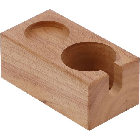 Support de porte-filtre à café 2 trous en bois, avec tasseur et support de rangement. Couleur bois. (1/5)