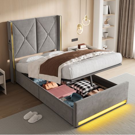 Cama con almacenaje 100x213x141 cm, cabecero alto con USB, Type C y LED, bolsillos laterales, terciopelo gris oscuro (1/5)