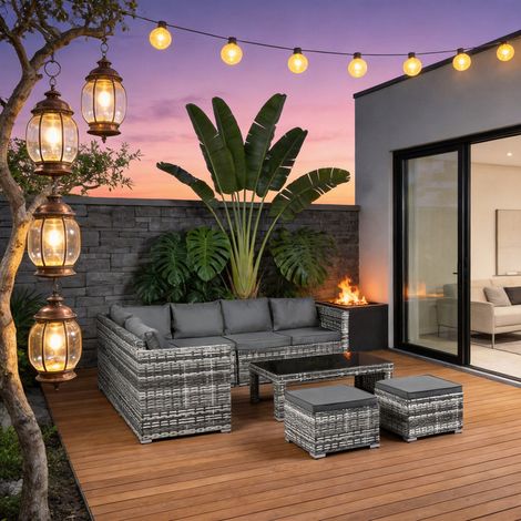 Garden Corner Sofa Set Rattan Sofa Outdoor Furniture with Coffee table 2 stools