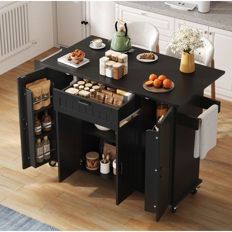 Isola cucina 120x70x95 cm in MDF nero con piano ribaltabile salvaspazio – MEUBLIV (1/5)