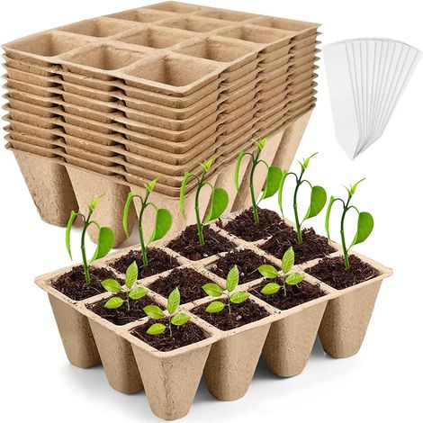 10 plateaux de semis, 12 trous (trous de 3,8 cm), avec étiquettes pour la culture de plantes, de fruits et de légumes. (1/5)